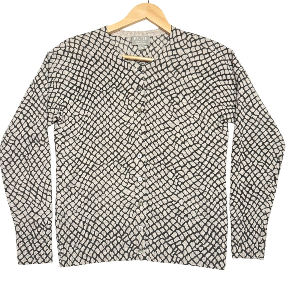 Pure Collection Cashmere Cardigan Women US 10 Gray Geometric Preppy Minimalist‎